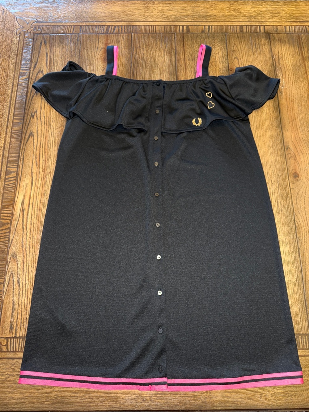 Fred Perry Amy Winehouse Black Off-Shoulder Button Up Mini Dress with Pink Trim